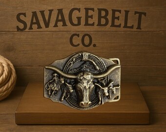 Western Longhorn Belt Buckle – Cowboy Rodeo Bull Head Buckle in Antique Gold or Chrome