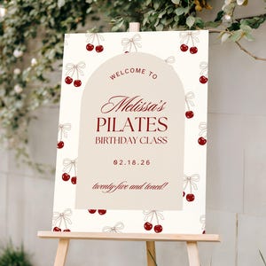 Pilates Birthday Party Class Welcome Sign, Burgundy Cherry Bows Coquette Theme, Editable Canva Template, Digital Download