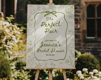 The Perfect Pair Bridal Shower Welcome Sign, A Perfect Pear Editable Welcome Sign, Green Pear Bridal Shower Theme, Canva Template