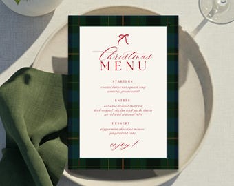 Plaid Christmas Party Menu Template, Elegant Holiday Dinner Menu Sign, Classic Christmas Bow Theme, Printable Menu Card | Digital Download