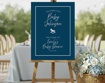 Blue Baby Shower Welcome Sign: Elegant Rocking Horse Theme, Boy Baby Shower Decor | Editable Template, Digital Download, Printable Sign