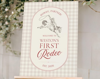 First Rodeo Birthday Welcome Sign, Western First Birthday Party Decor, Cowboy Gingham Party Theme, Editable Canva Template, Digital Download