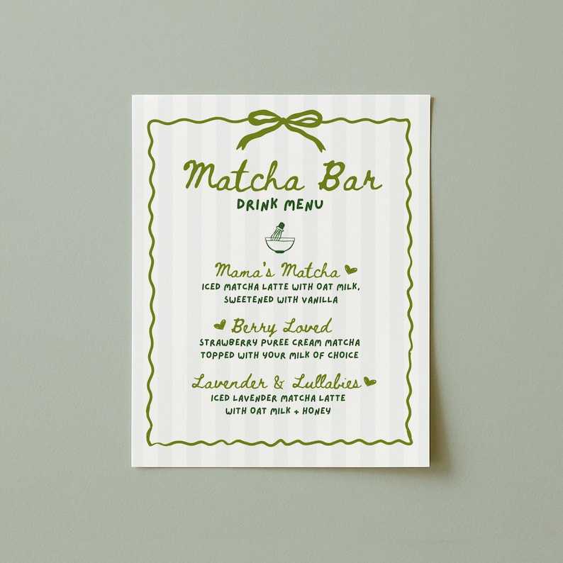 Matcha Bar Baby Shower Drink Menu Editable Template