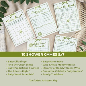 May include: A set of ten baby shower games printed on white cards with green accents. The games include Baby Bingo, Baby Predictions & Advice, and The Price is Right. The cards are 5x7 inches.