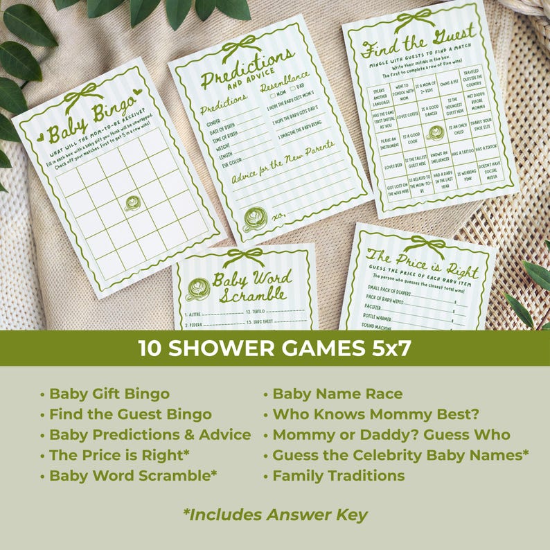 May include: A set of ten baby shower games printed on white cards with green accents. The games include Baby Bingo, Baby Predictions & Advice, and The Price is Right. The cards are 5x7 inches.