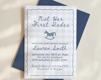 Not Her First Rodeo Baby Sprinkle Invitation: Gingham Western Theme, Editable Template, Digital Download
