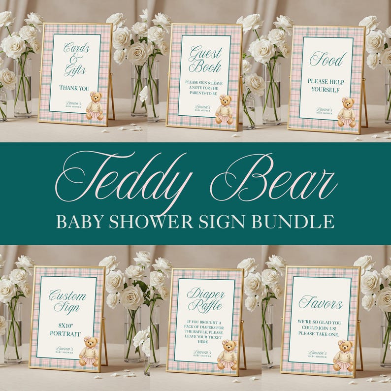 May include: A baby shower sign bundle featuring six framed signs with gold frames and a plaid design. Each sign has a teddy bear graphic and text such as "Cards & Gifts" and "Guest Book." The signs are arranged with white flowers in the background.