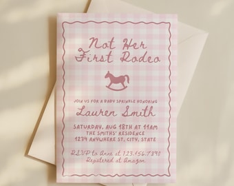 May include: A pink and white gingham baby shower invitation with the text "Not Her First Rodeo" and a rocking horse illustration. The invitation includes details for Lauren Smith's baby sprinkle, date, time, and RSVP information.
