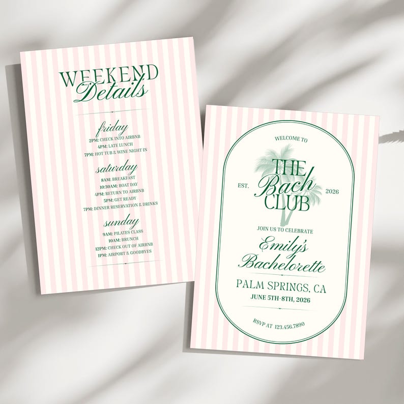May include: Two pink and white striped cards. One card reads "Weekend Details" with a schedule. The other card says "Welcome to The Bach Club" with a palm tree graphic, and details for Emily's Bachelorette in Palm Springs, CA.