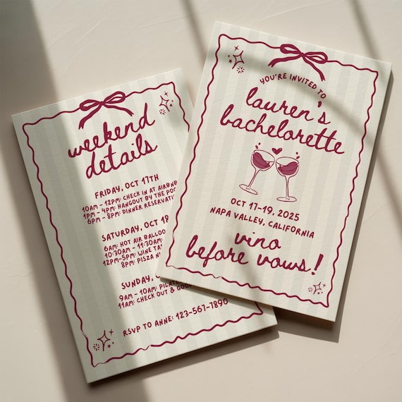 Vino Before Vows Bachelorette Party Invite, Wine Tasting Bachelorette Invitation and Weekend Itinerary, Editable Canva Template