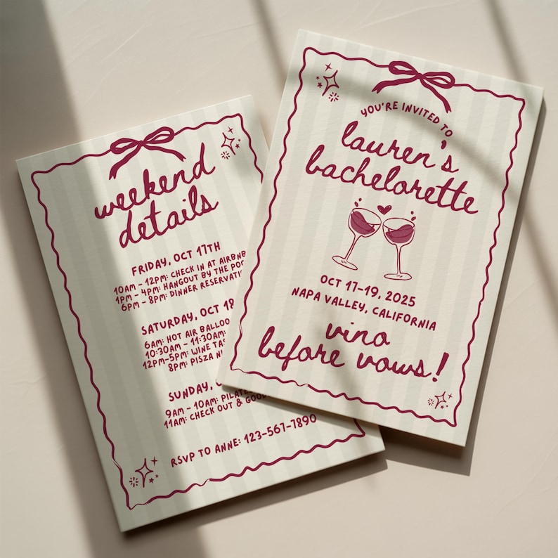 May include: Two cream-coloured bachelorette party invitations with burgundy text and decorative borders. The invitations read "weekend details" and "You're invited to Lauren's bachelorette" with event details and a RSVP.