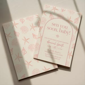 Invitación para baby shower "Te amo", temática costera de conchas rosas, baby shower playero para niña, plantilla editable de Canva, descarga digital