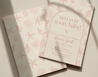 Sea You Soon Baby Shower Invite, Pink Seashell Coastal Theme, Beach Baby Girl Shower, Editable Canva Template, Digital Download