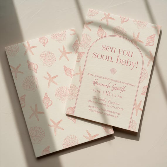 Sea You Soon Baby Shower Invite, Pink Seashell Coastal Theme, Beach Baby Girl Shower, Editable Canva Template, Digital Download
