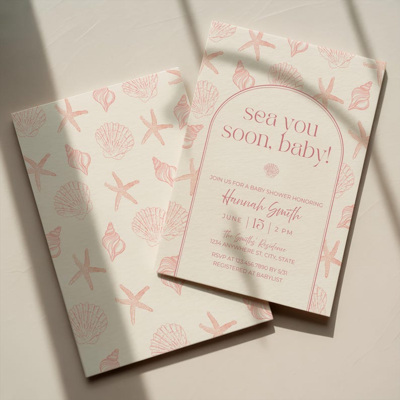 Sea You Soon Baby Shower Invite, Pink Seashell Coastal Theme, Beach Baby Girl Shower, Editable Canva Template, Digital Download image 1