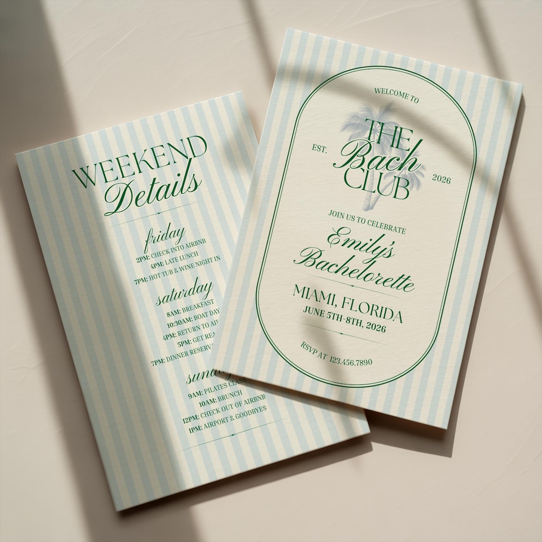 Invite Theme The Bach Club Bachelorette Invitation and Weekend Itinerary, Preppy ...
