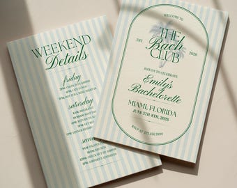 The Bach Club Bachelorette Invitation and Weekend Itinerary, Preppy Blue and Green Beach Theme Invite, Editable Template, Digital Download
