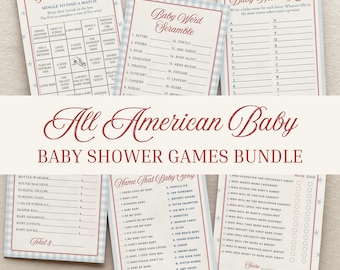 May include: A bundle of baby shower games with a vintage aesthetic. The games include "Find the Guest," "Baby Word Scramble," and "Baby Name Race." Each game card has a blue and white checkered border and red text. The bundle is titled "All American Baby."