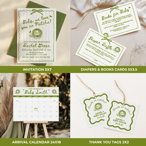 May include: A collection of baby shower stationery with a matcha theme. Includes an invitation, diaper raffle and book cards, a calendar, and thank you tags. The invitation is 5x7 inches.