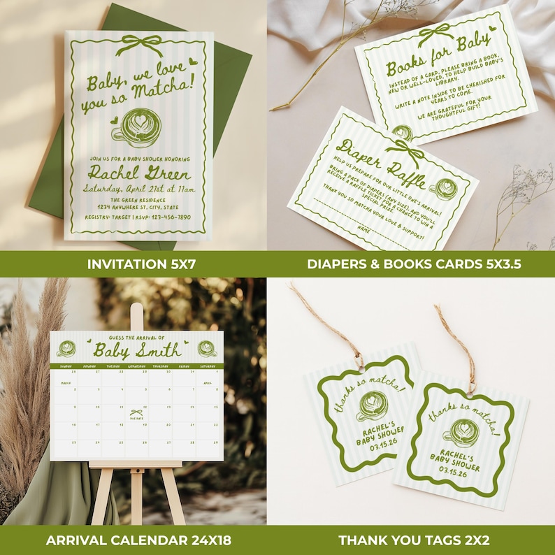 May include: A collection of baby shower stationery with a matcha theme. Includes an invitation, diaper raffle and book cards, a calendar, and thank you tags. The invitation is 5x7 inches.