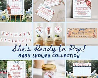 She's Ready to Pop Boy Baby Shower Bundle, Blue Gingham Soda Pop Theme Baby Shower Invite and Decor, Editable Template, Digital Download