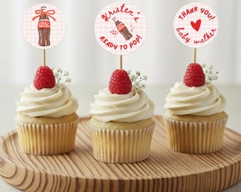 Toppers de cupcake para chá de bebê "Ela está pronta para estourar", etiquetas para lembrancinhas, adesivos personalizados | Tema de bebê refrigerante | Modelo editável, download digital
