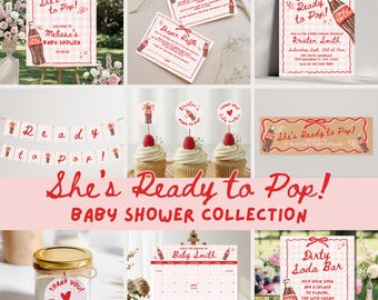 She's Ready to Pop Baby Shower Party Bundle, Gingham Soda Pop Theme Baby Shower Invite and Decorations, Editable Template, Digital Download