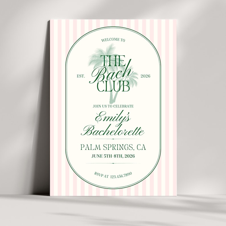 the bach club palm tree theme invitation