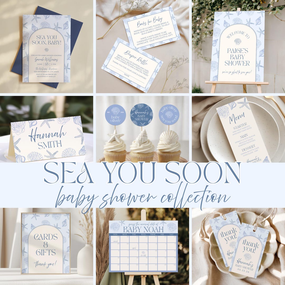 Sea You Soon Baby Shower Bundle, Blue Seashell Coastal Theme Baby ...
