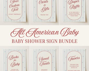 May include: A baby shower sign bundle with a vintage design. The signs feature a striped background with stars and text in a decorative font. The signs include text such as "Cards & Gifts", "Diaper Raffle", and "Sweet Treats".