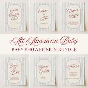 May include: A baby shower sign bundle with a vintage design. The signs feature a striped background with stars and text in a decorative font. The signs include text such as "Cards & Gifts", "Diaper Raffle", and "Sweet Treats".