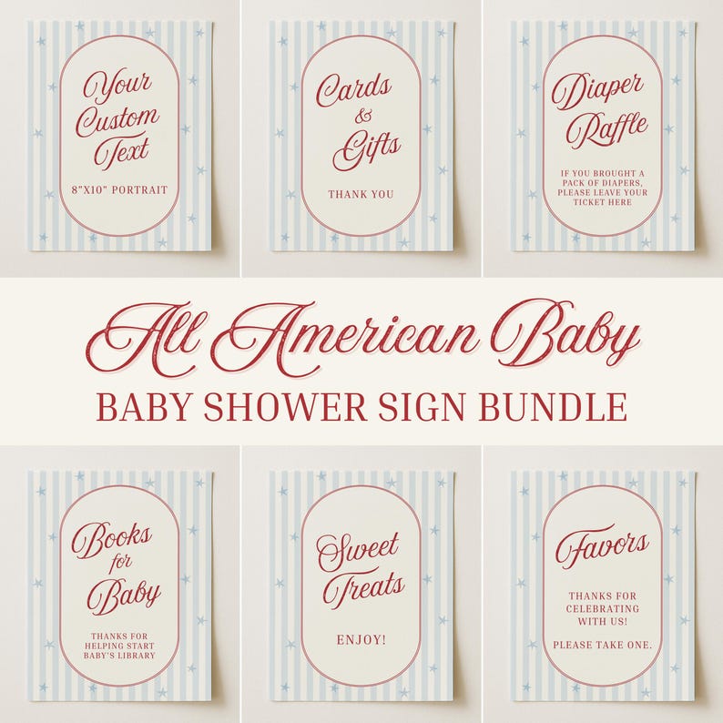May include: A baby shower sign bundle with a vintage design. The signs feature a striped background with stars and text in a decorative font. The signs include text such as "Cards & Gifts", "Diaper Raffle", and "Sweet Treats".