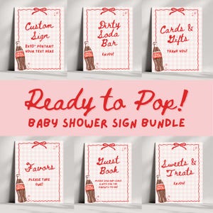 She&#39;s Ready to Pop Baby Shower Sign Bundle, Soda Pop Theme Party Decorations, Editable Canva Template, Instant Download Printable Signs