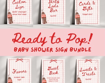 Sie ist bereit für Pop-Babyparty-Zeichen-Bundle, Soda Pop-Thema-Partydekorationen, bearbeitbare Canva-Vorlage, sofortiger Download druckbare Schilder
