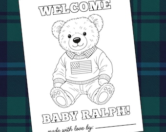 Preppy Teddy Bear Baby Shower Coloring Page, Kids Coloring Page, Custom Coloring Placemat, Baby Shower Activity Game, Canva Template