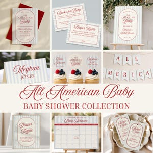 May include: A collection of baby shower stationery with a red, white, and blue theme. Includes invitations, signage, cupcake toppers, a banner, and thank you tags. The text "All American Baby" is prominently displayed.