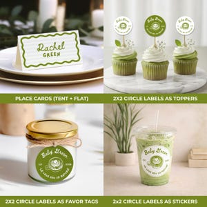 May include: An assortment of party supplies with a green theme. Includes place cards with the name "Rachel Green", cupcakes with toppers, a candle jar, and a matcha drink. The labels and toppers have the text "Baby Green" and "We love you so matcha".