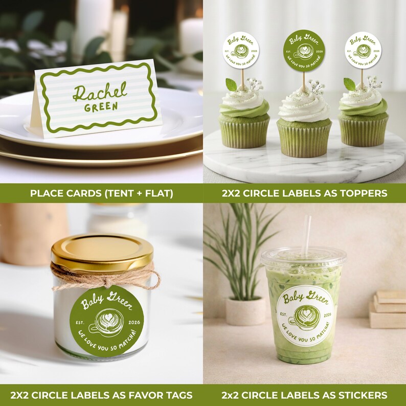 May include: An assortment of party supplies with a green theme. Includes place cards with the name "Rachel Green", cupcakes with toppers, a candle jar, and a matcha drink. The labels and toppers have the text "Baby Green" and "We love you so matcha".