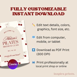 May include: A customizable Pilates birthday class invitation with cherry illustrations. The design includes the text "Welcome to Melissa's Pilates Birthday Class" and "twenty-five and toned!" The invitation is available for instant download.