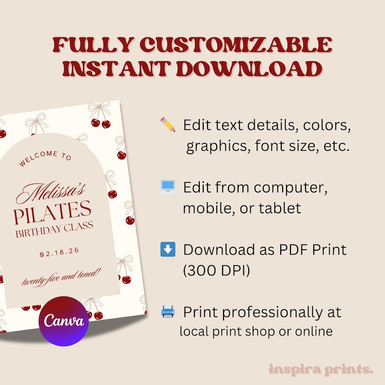 May include: A customizable Pilates birthday class invitation with cherry illustrations. The design includes the text "Welcome to Melissa's Pilates Birthday Class" and "twenty-five and toned!" The invitation is available for instant download.