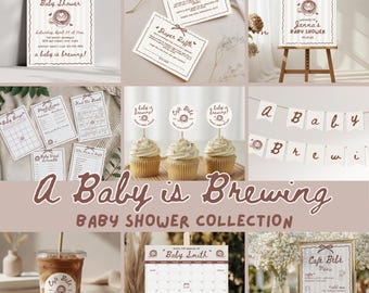 May include: A collection of baby shower decorations and stationery in a brown and cream color scheme. Includes invitations, games, cupcake toppers, a banner, a calendar, and a menu. The theme is "A Baby is Brewing."