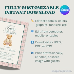 May include: A baby shower invitation with a teddy bear illustration, featuring a pink plaid border and the text "Baby Shower." The invitation includes details for the event and instructions for customization and download.