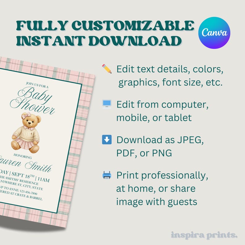 May include: A baby shower invitation with a teddy bear illustration, featuring a pink plaid border and the text "Baby Shower." The invitation includes details for the event and instructions for customization and download.