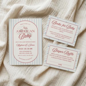 May include: Baby shower invitations and inserts with a patriotic theme. The main invitation features text "All American Baby" with a cowboy graphic, light blue stripes, and red accents. Additional cards request books and diapers.