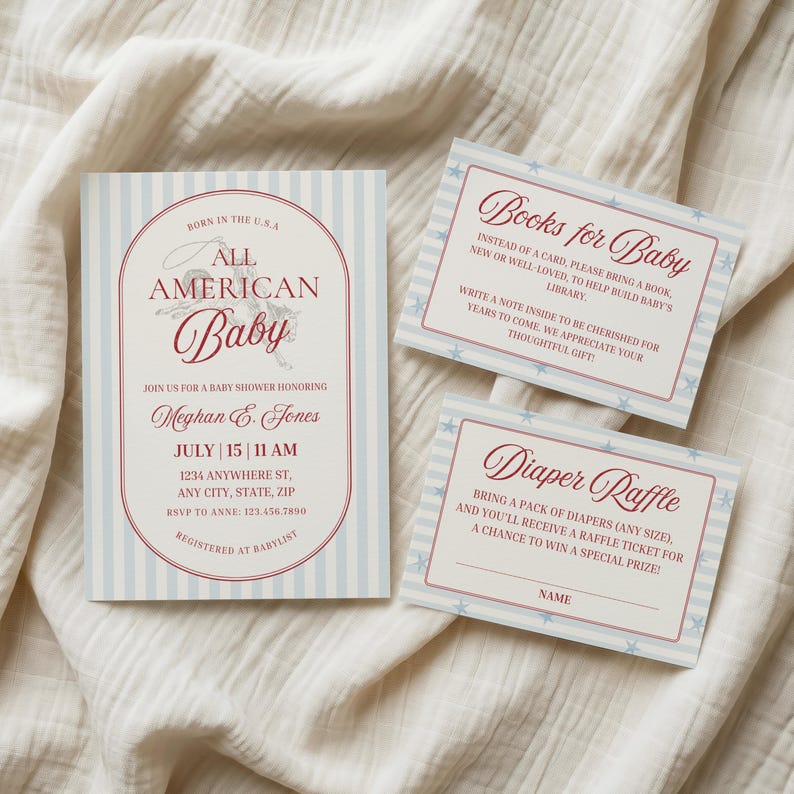 May include: Baby shower invitations and inserts with a patriotic theme. The main invitation features text "All American Baby" with a cowboy graphic, light blue stripes, and red accents. Additional cards request books and diapers.
