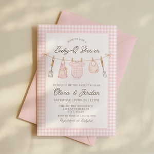 May include: A pink gingham baby shower invitation with a matching envelope. The invitation features the text "Baby-Q Shower" and details for Olivia & Jordan's shower. The design includes illustrations of baby clothes and grilling tools.