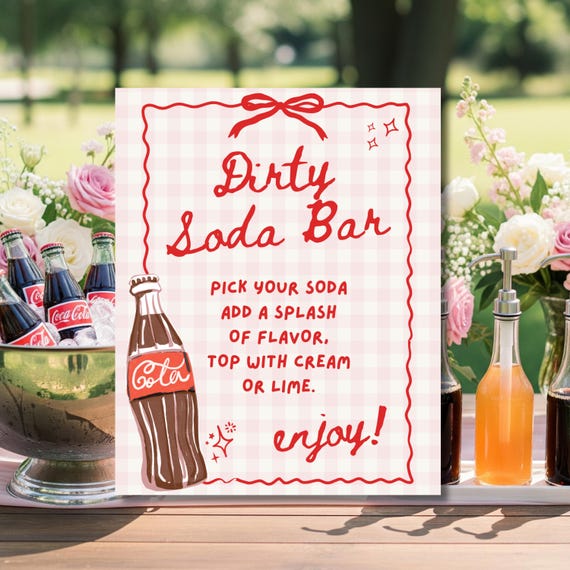 Dirty Soda Bar Table Sign, She's Ready to Pop Baby Shower Sign, Soda Pop Theme Party Decorations, Editable Canva Template, Instant Download