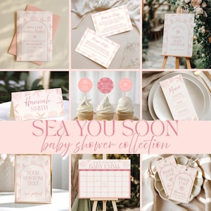 Zestaw na baby shower Sea You Soon, zaproszenie i dekoracja na baby shower w kolorze różowym i koralowym z motywem nadmorskim, szablon do edycji, wersja cyfrowa