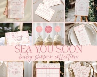 Sea You Soon Baby Shower Bundle, Pink and Coral Seashell Coastal Theme Baby Shower Invite and Decor, Editable Template, Digital Download