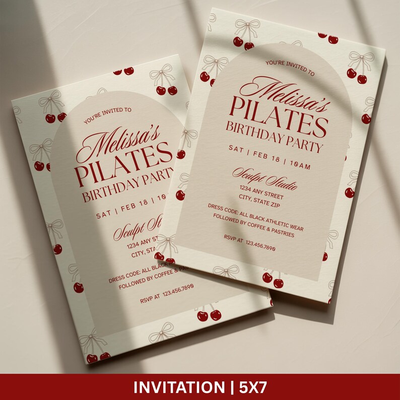 May include: Two 5x7 inch invitations for a Pilates birthday party. The invitations have a cream background with a cherry and bow pattern. The text is in burgundy, with the party details and RSVP information.